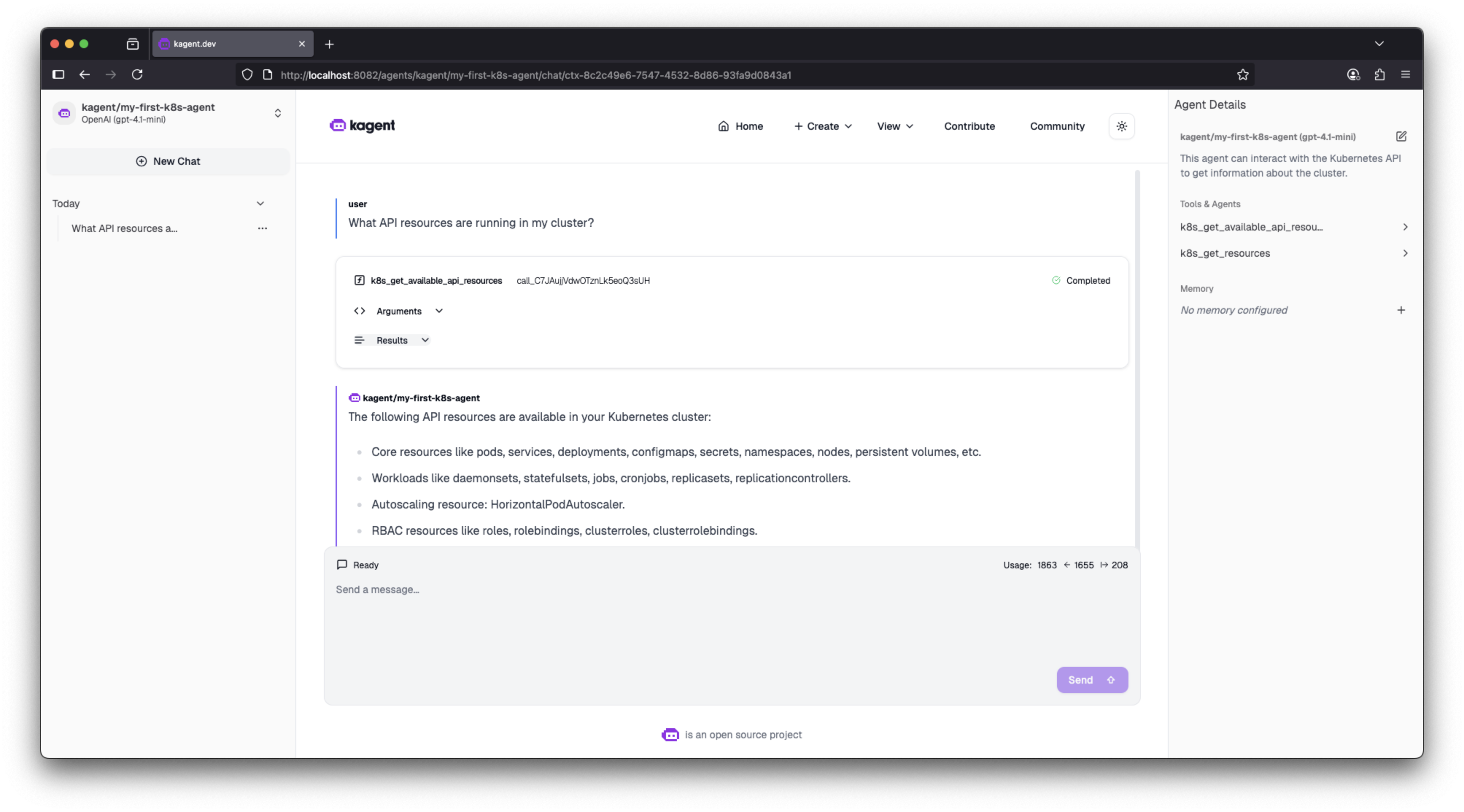 Chat with your agent kagent chat