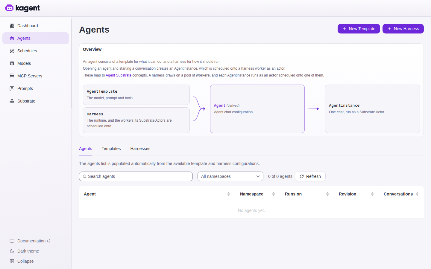 The Agents page, listing agents, templates, and harnesses